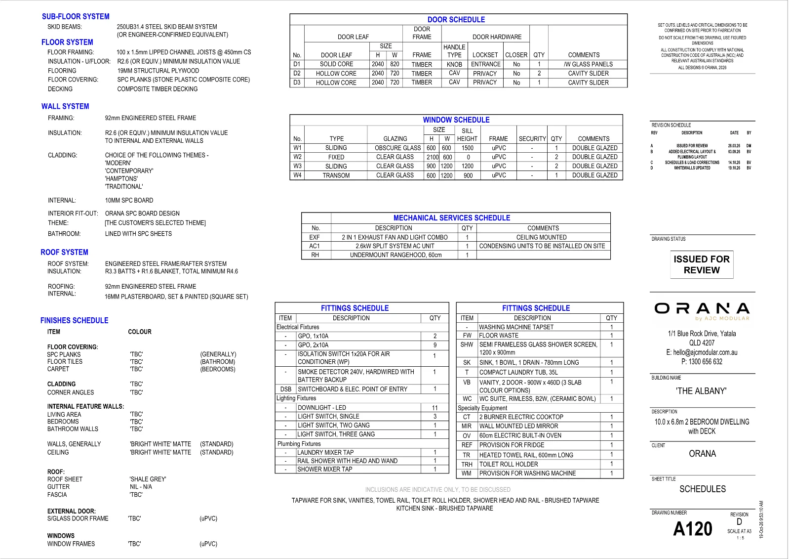 The Albany — specifications and schedules (drawing sheet A120)