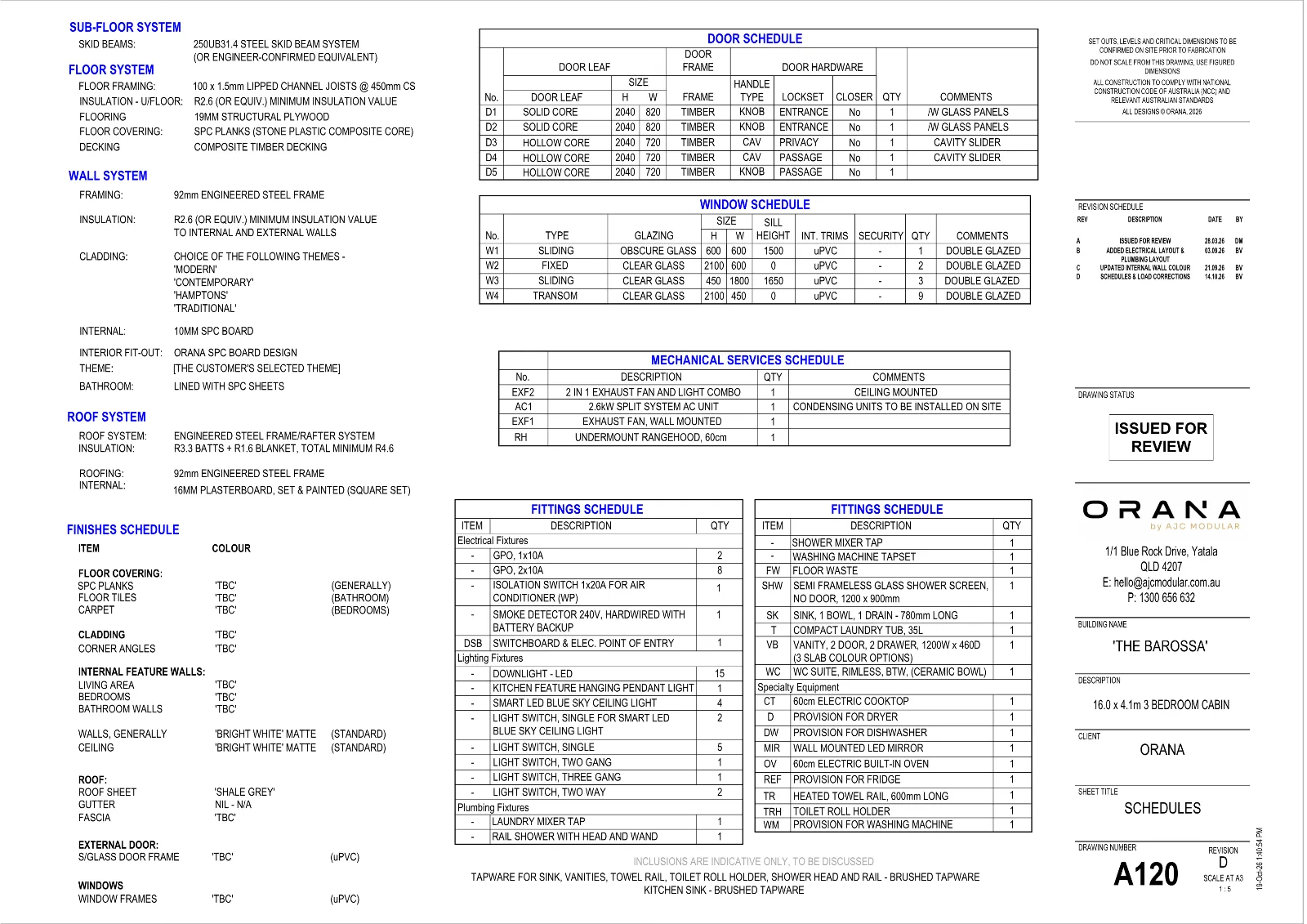 The Barossa — specifications and schedules (drawing sheet A120)