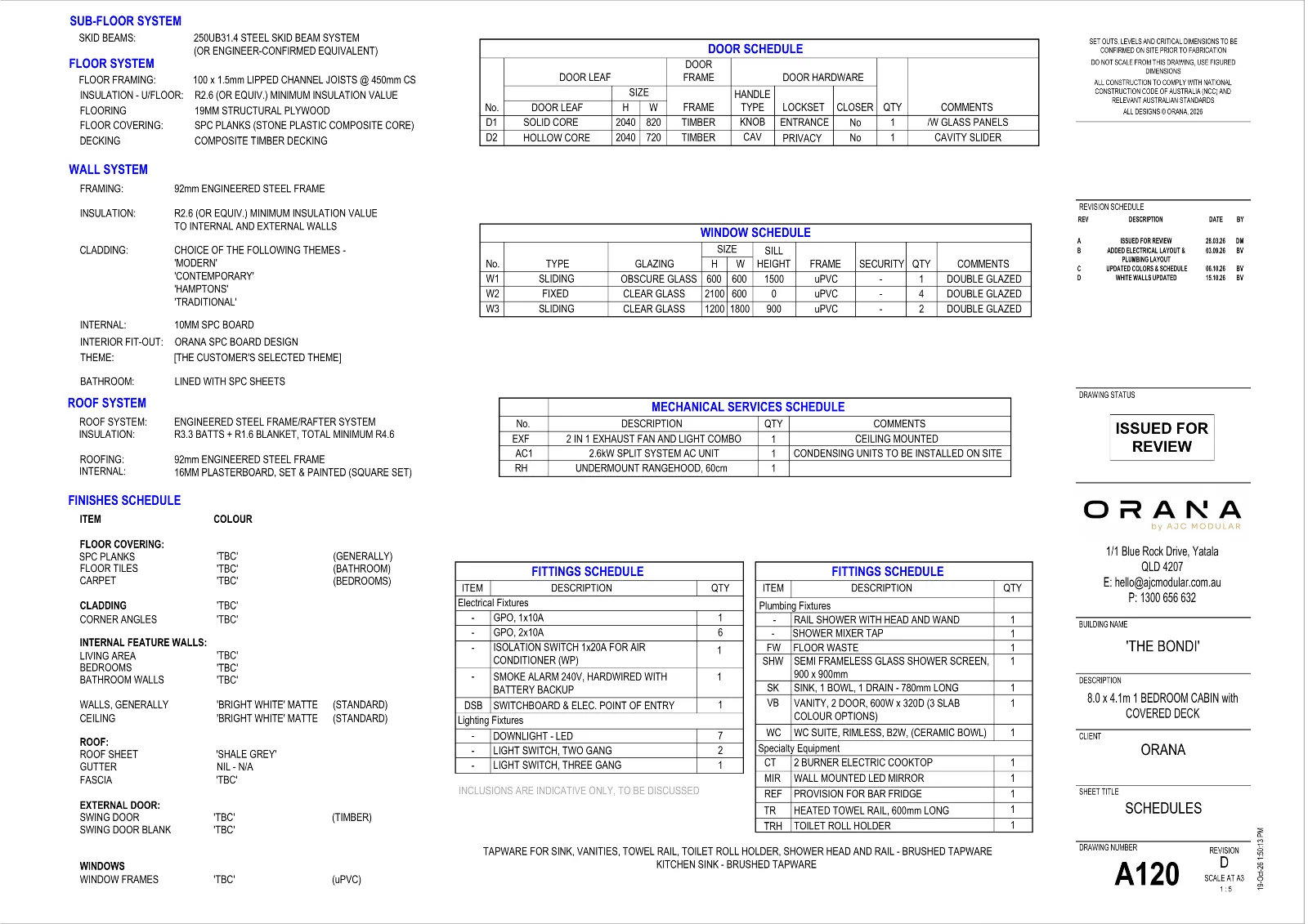 The Bondi — specifications and schedules (drawing sheet A120)