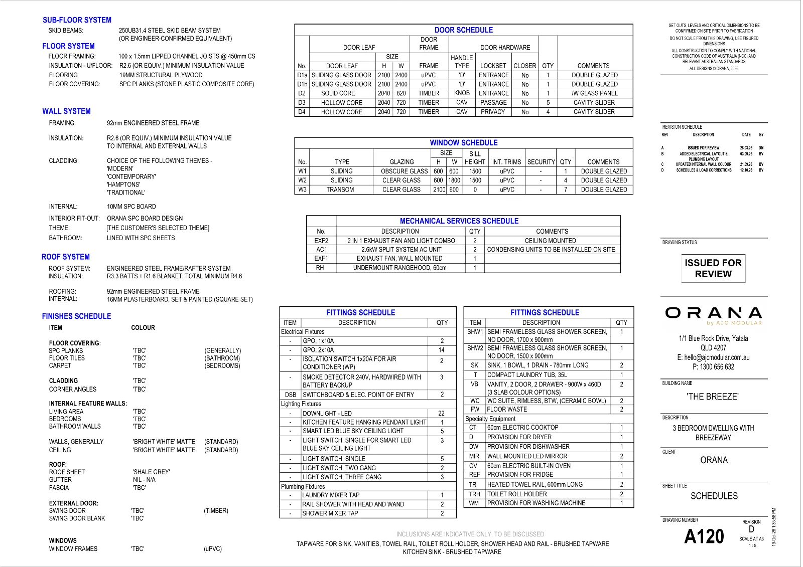 The Breeze — specifications and schedules (drawing sheet A120)