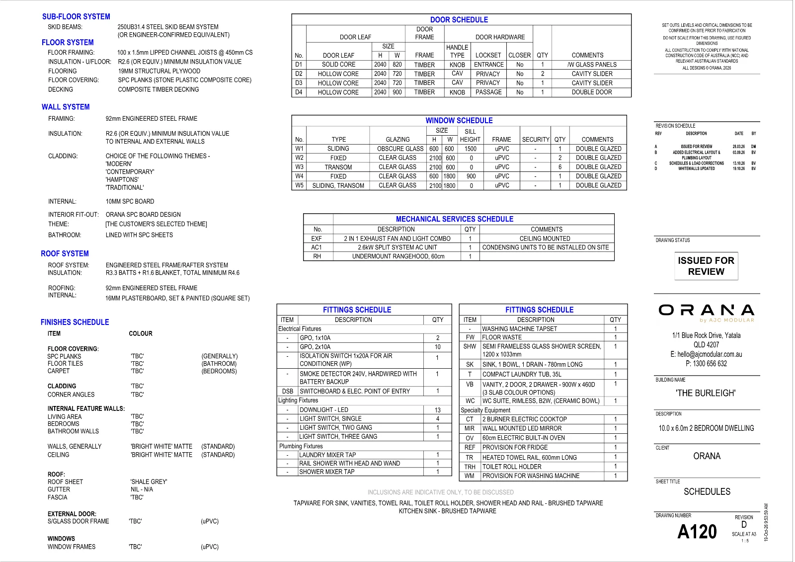The Burleigh — specifications and schedules (drawing sheet A120)