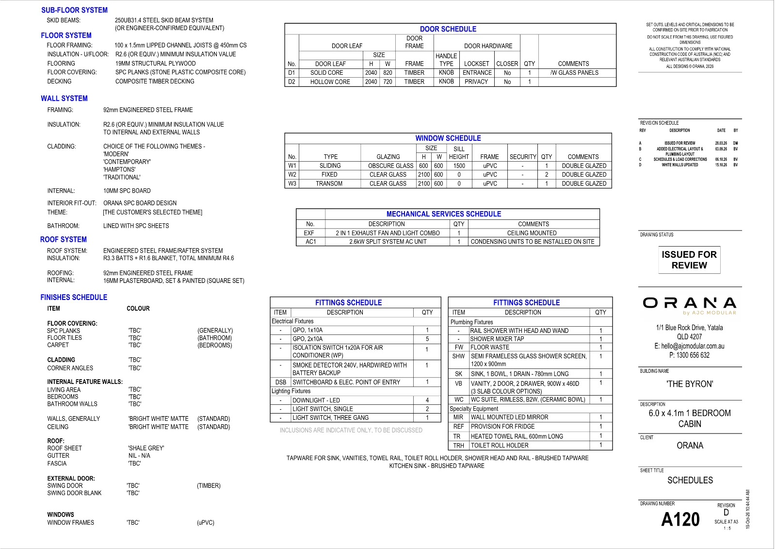The Byron — specifications and schedules (drawing sheet A120)