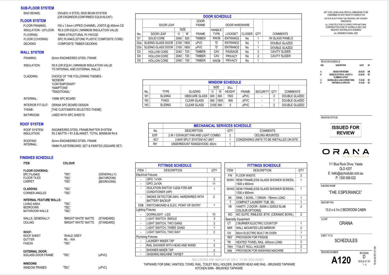 The Esperance — specifications and schedules (drawing sheet A120)