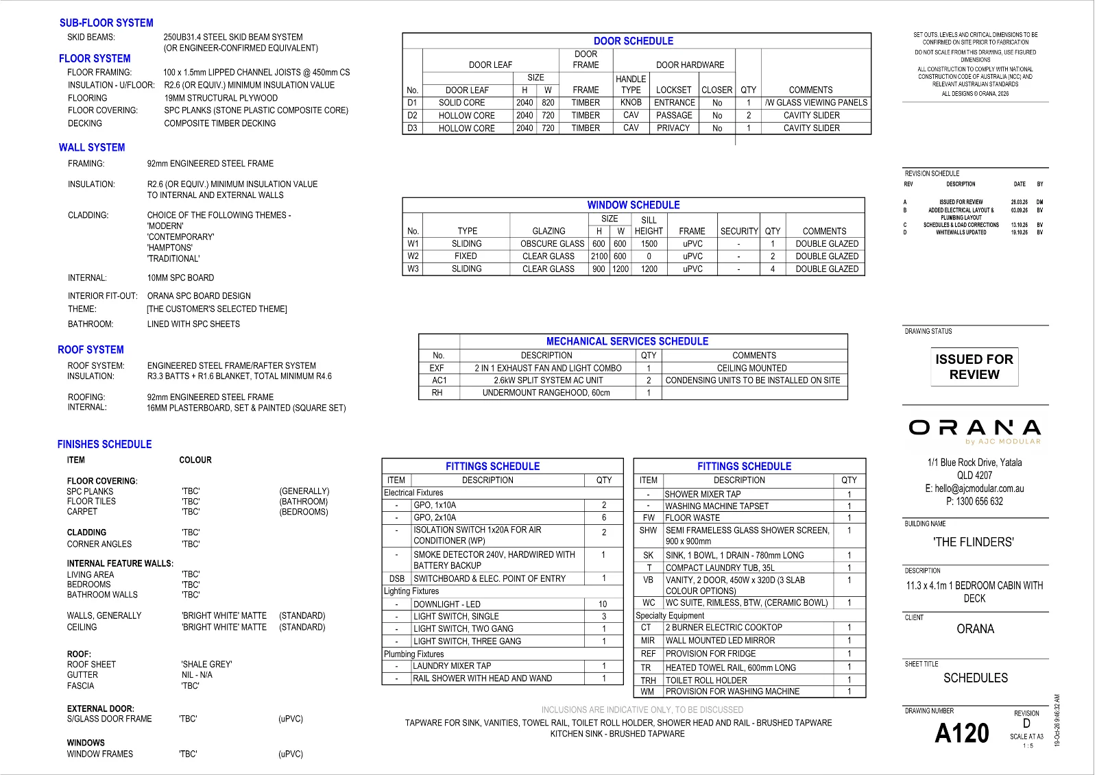 The Flinders — specifications and schedules (drawing sheet A120)