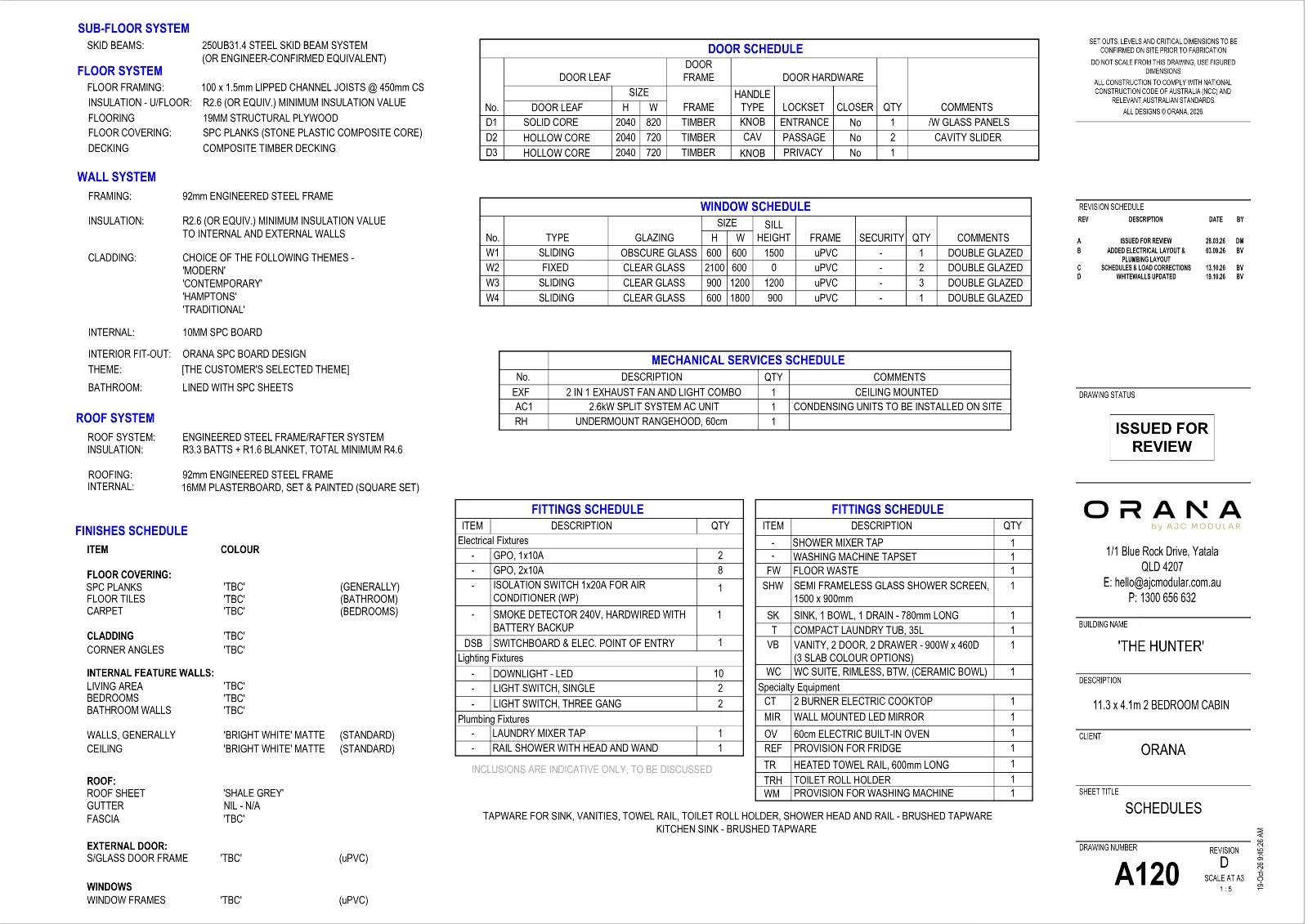The Hunter — specifications and schedules (drawing sheet A120)