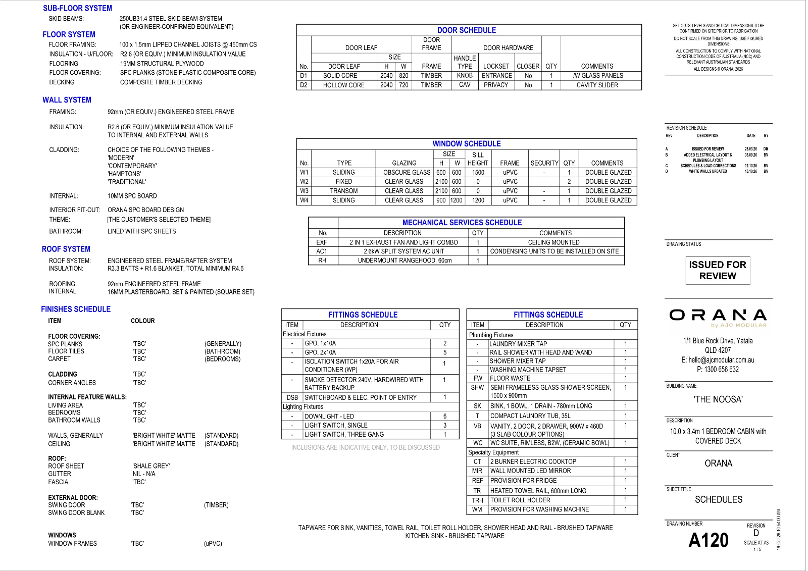 The Noosa — specifications and schedules (drawing sheet A120)