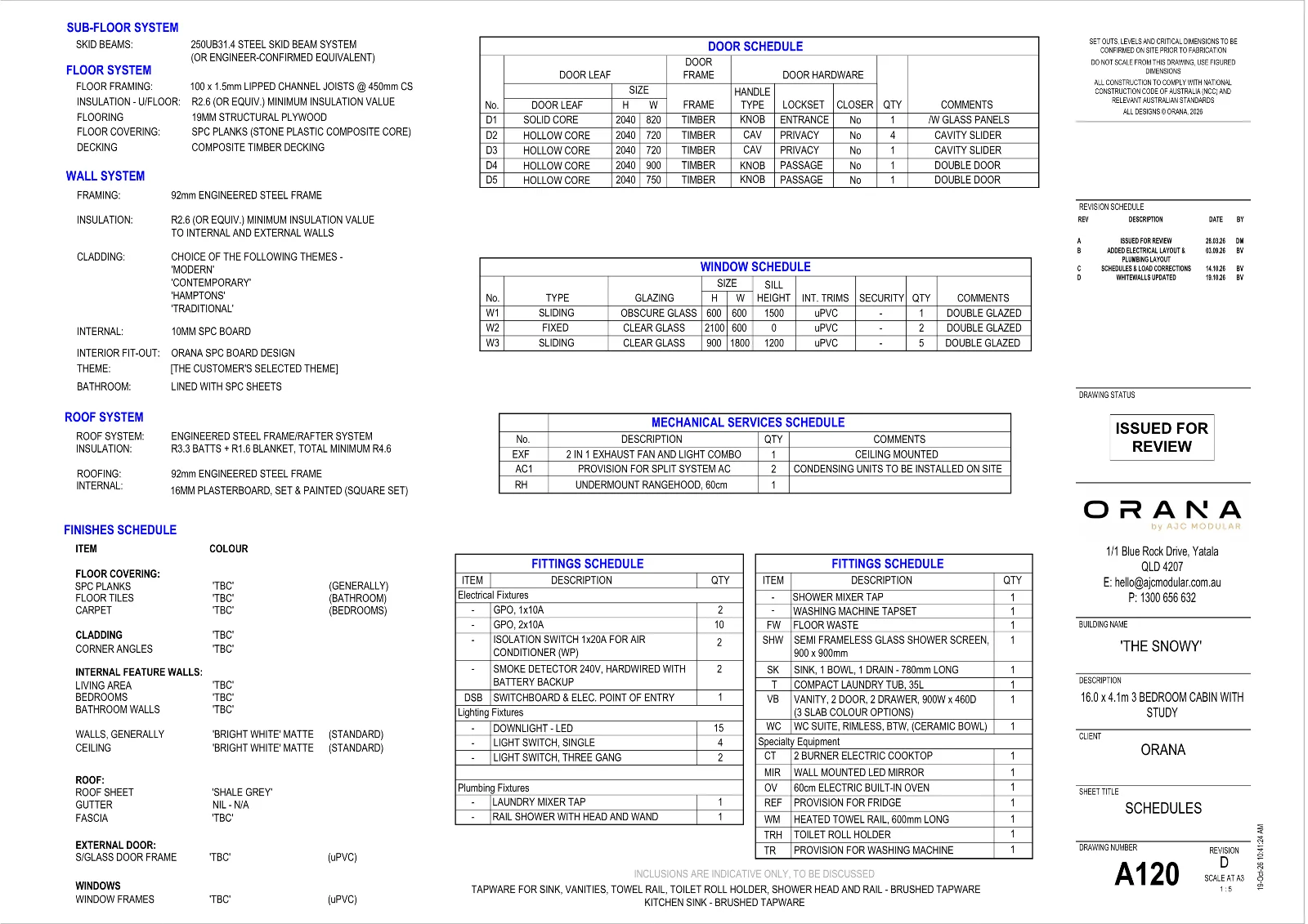 The Snowy — specifications and schedules (drawing sheet A120)