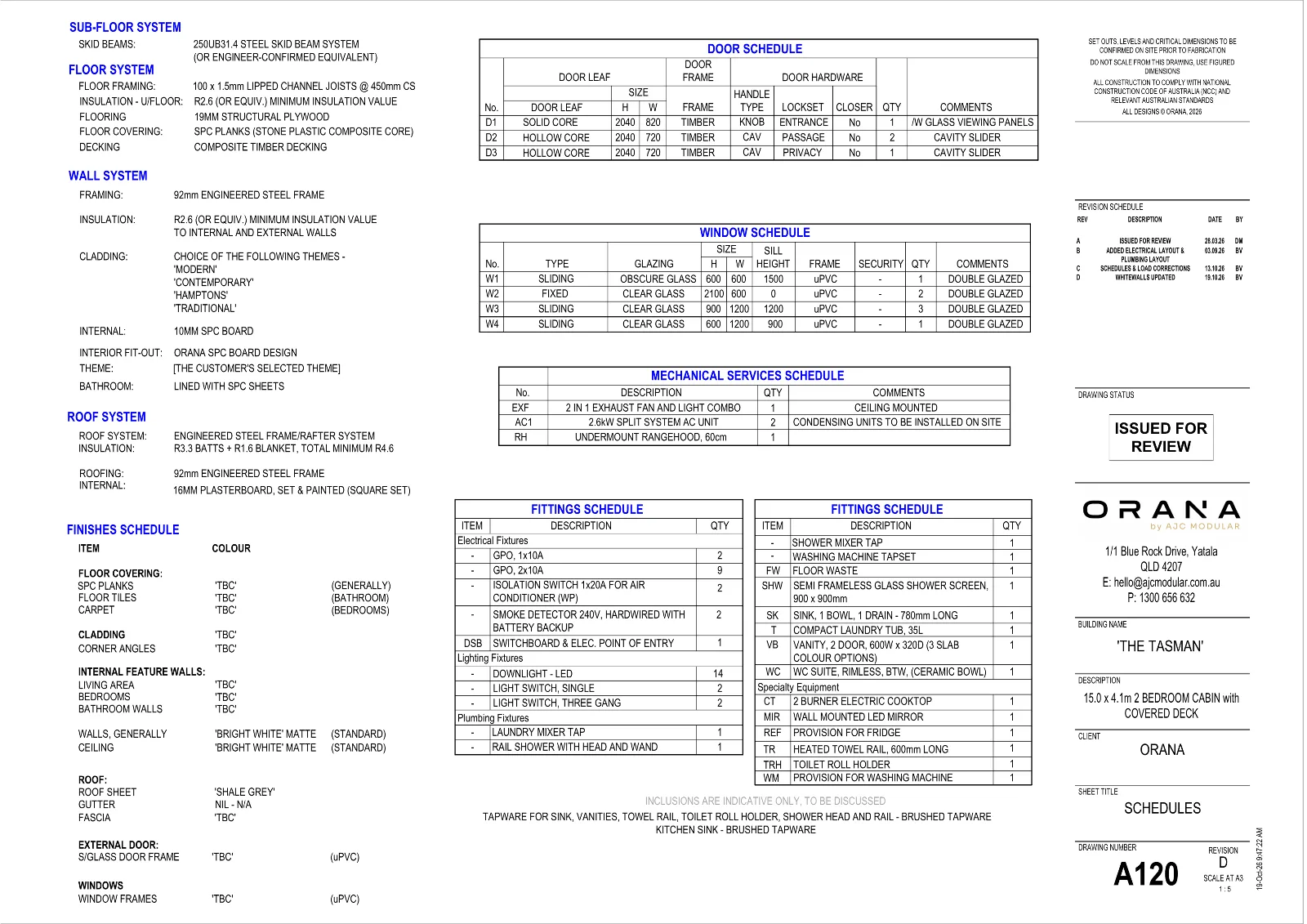 The Tasman — specifications and schedules (drawing sheet A120)