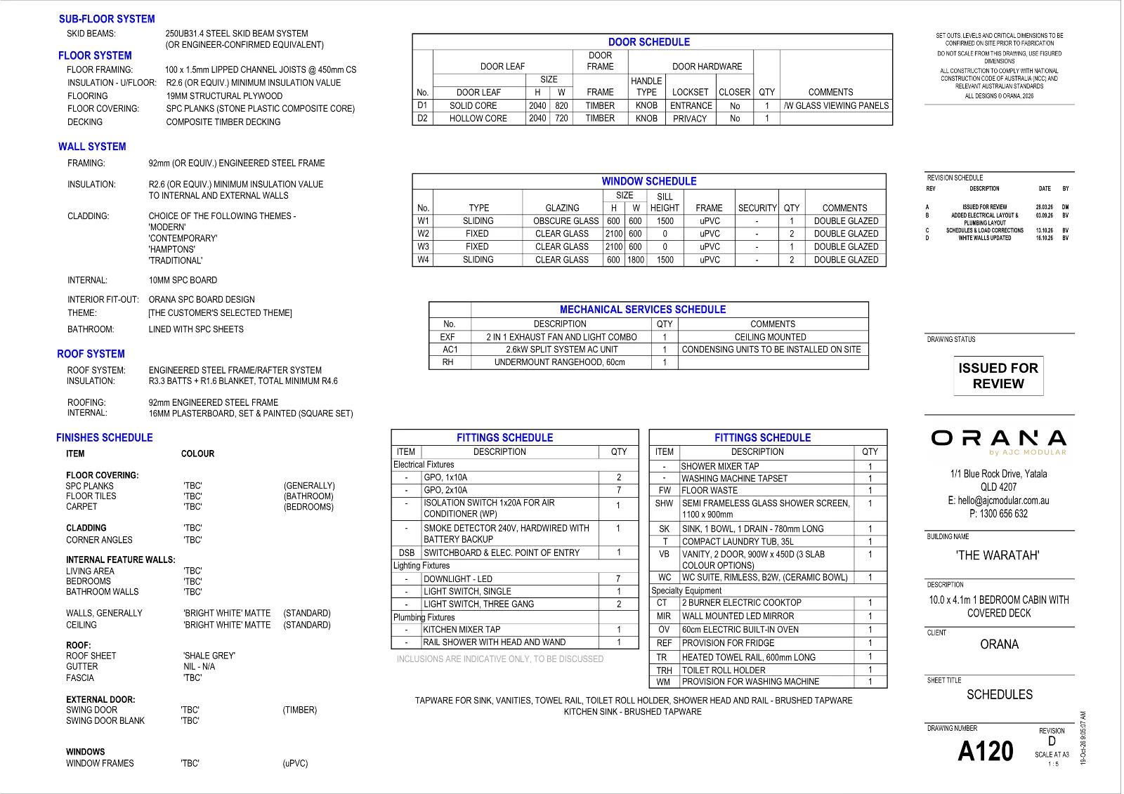 The Waratah — specifications and schedules (drawing sheet A120)