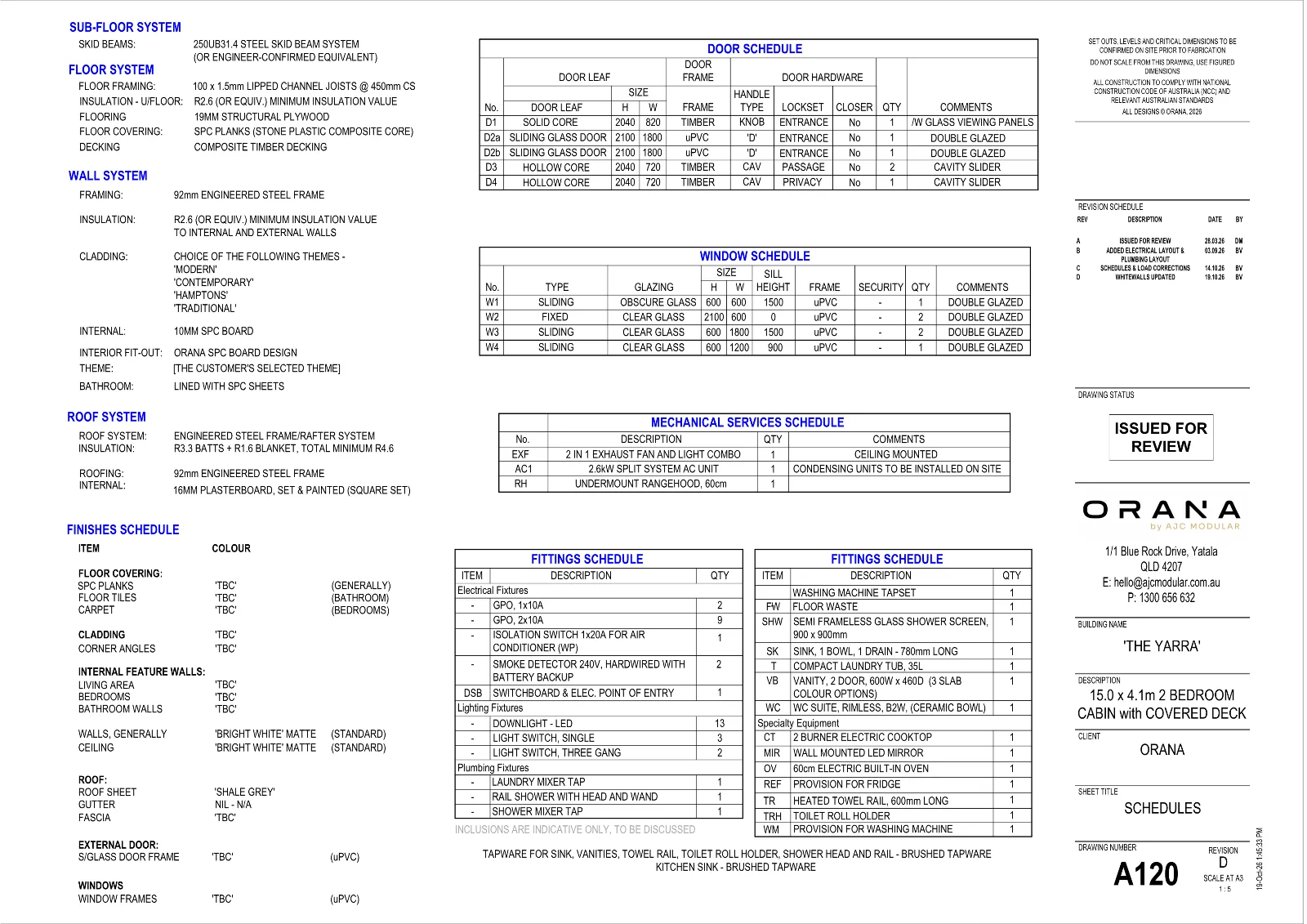 The Yarra — specifications and schedules (drawing sheet A120)